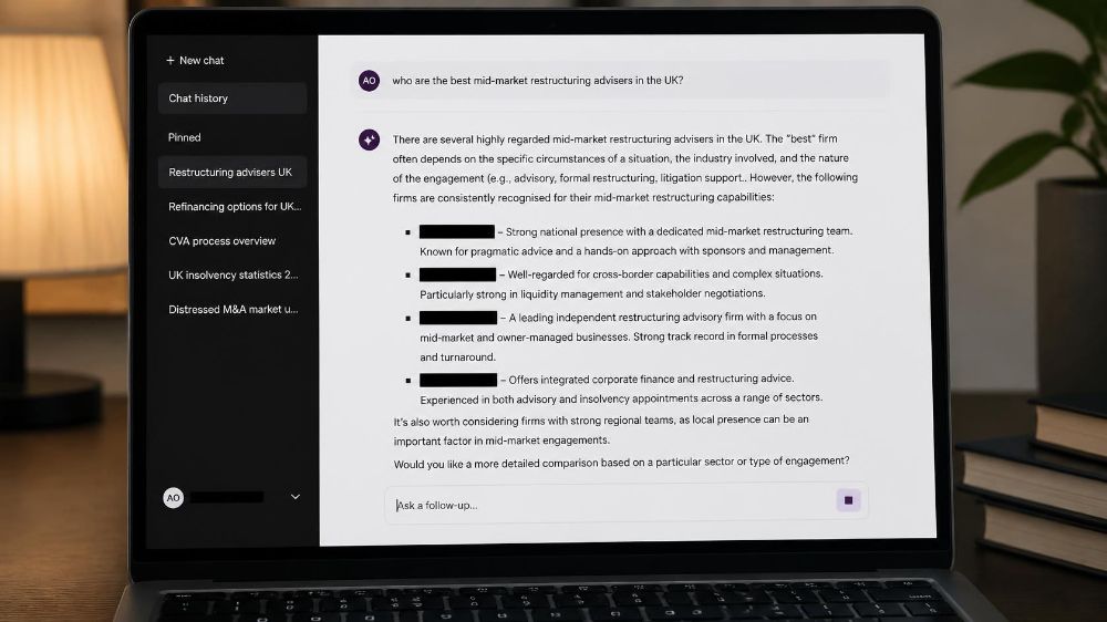 A laptop showing an AI assistant partway through naming recommended advisory firms, with the firm names redacted