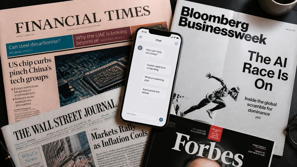Financial Times, Bloomberg Businessweek and Forbes print media on a desk beside a phone showing an AI chat interface