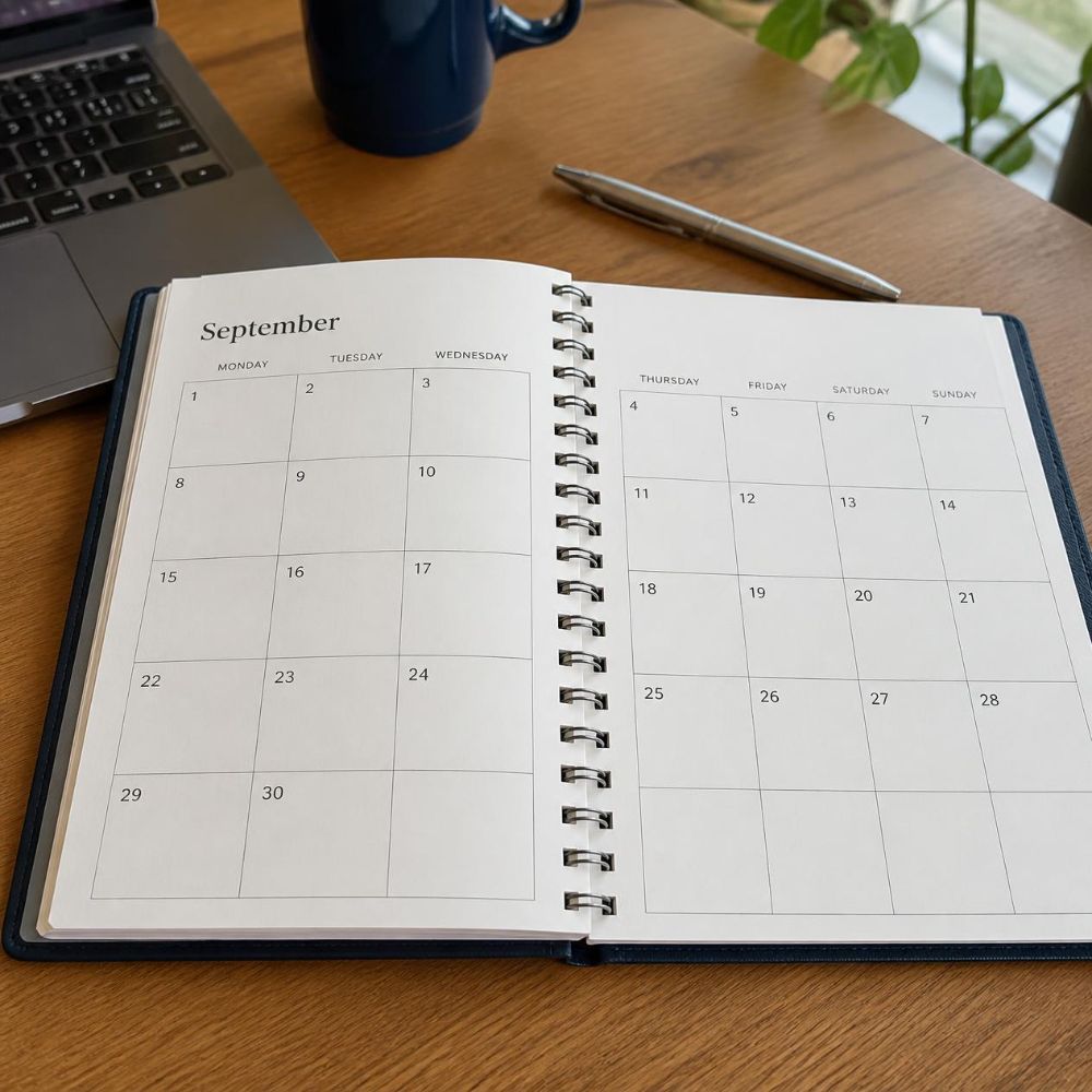 A desk diary lying open at September beside a laptop, pen and coffee cup