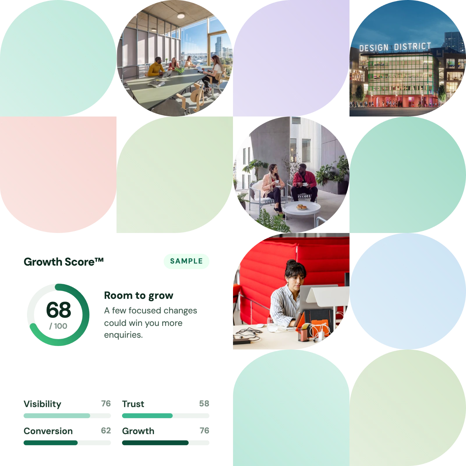 Fresh Brands brand mosaic, showing their Design District studio, client meetings and a sample Growth Score report